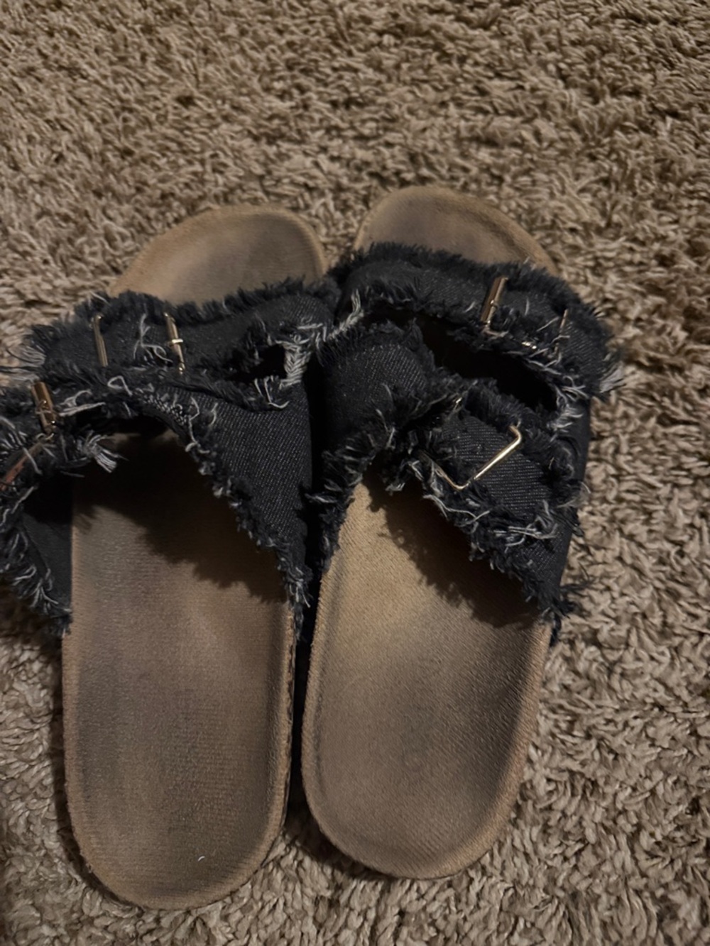 Women's Black Frayed Slide Sandals